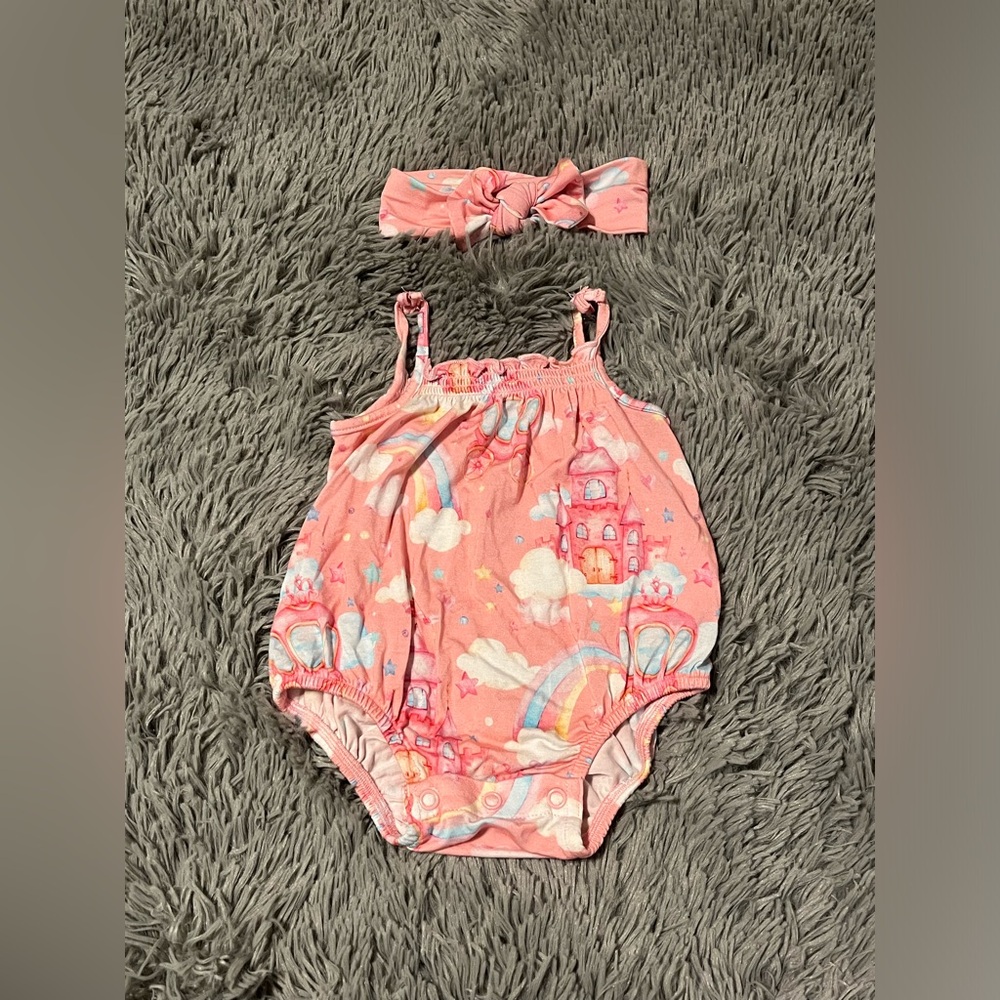 Posh Peanut Castle Bamboo Sleeveless Bubble Romper 0/3 & Headwrap Bundle